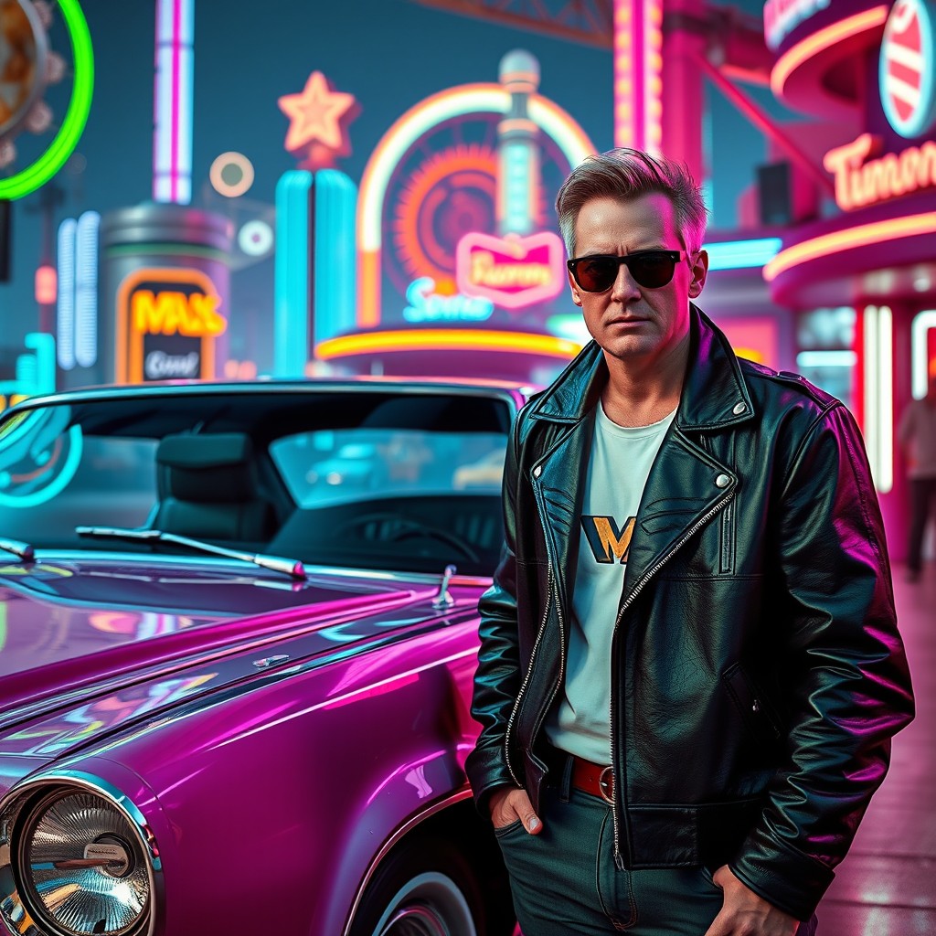 A close-up of Delorano's car, emphasizing its sleek and stylish design with shiny chrome details, parked against a backdrop of a vibrant retrowave future world