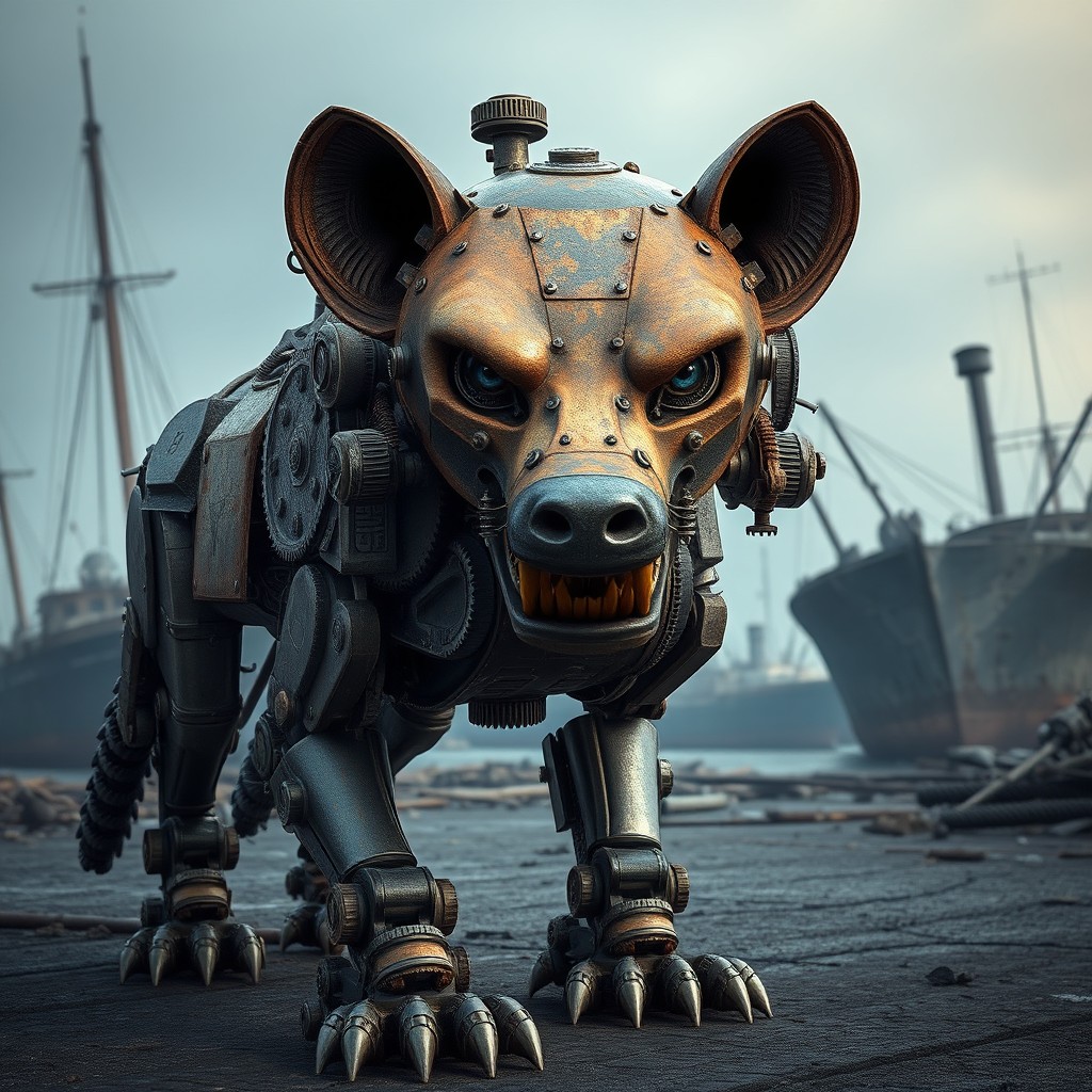 A mechanical hyena, intricately designed with various old ship parts, featuring rusted metal plating, gears, and bolts