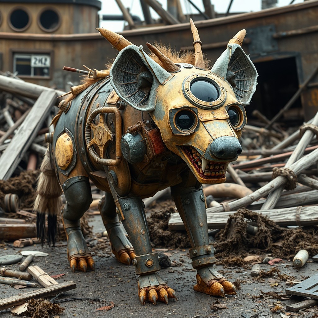 A hyena creatively crafted from assorted old ship parts, featuring a body made of rusted metal plates and marine hardware