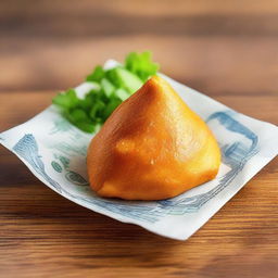 A mouth-watering Brazilian coxinha placed on a single hundred real bill.