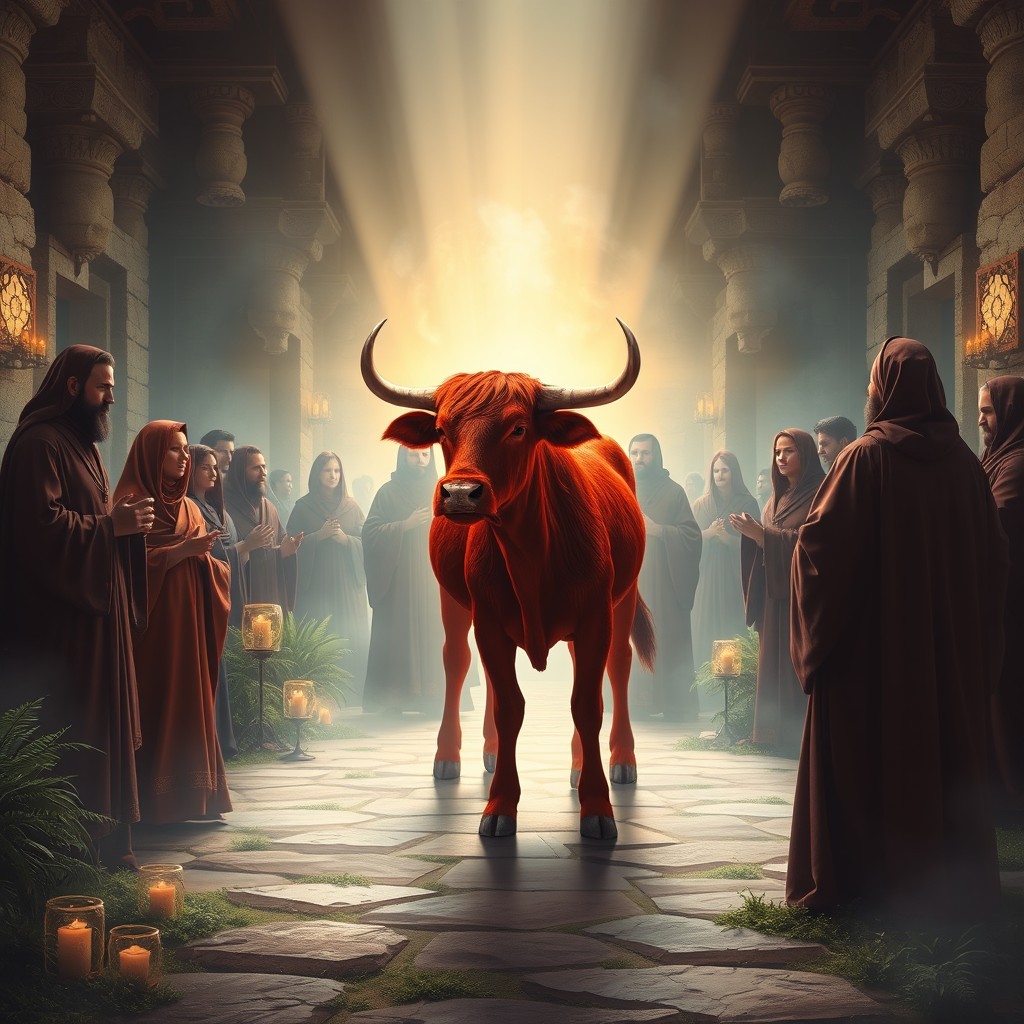 A mystical depiction of the Red Heifer ritual, featuring a serene ancient landscape with a majestic red calf at the center of the scene