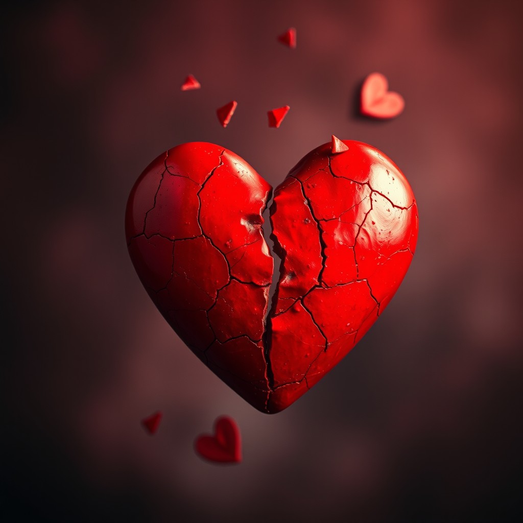 A striking image of a red heart that has been broken into several pieces, capturing the emotional depth of heartbreak