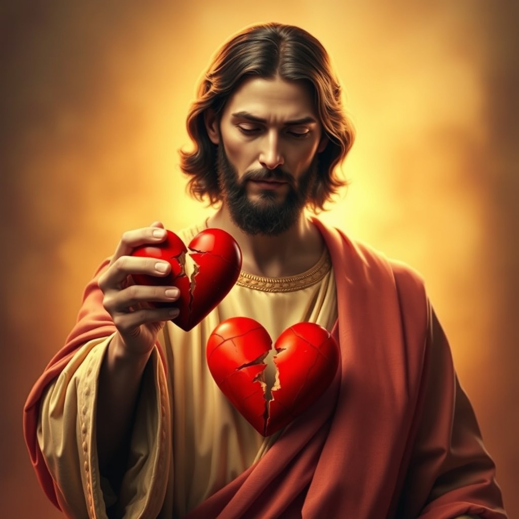 An evocative image of Jesus Christ holding a broken red heart in one hand, symbolizing love and compassion amidst suffering