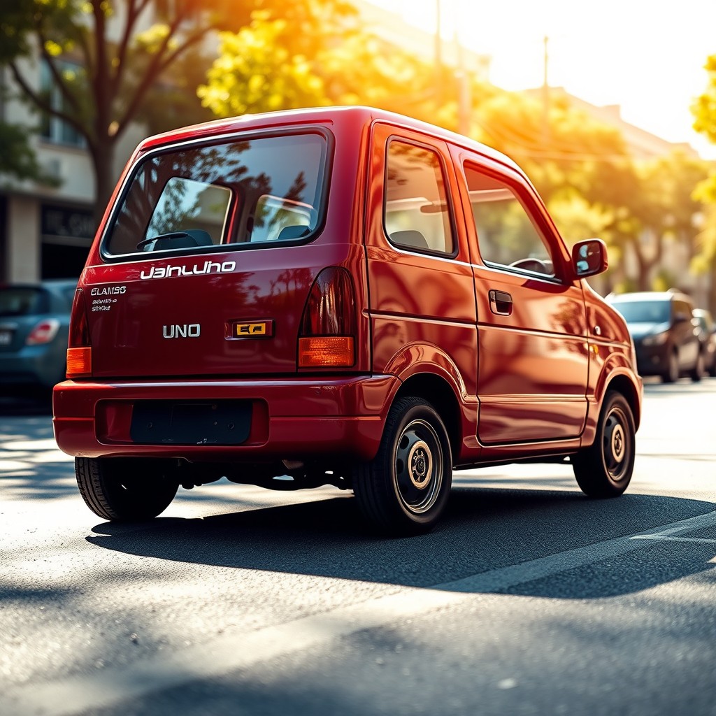 A classic 1996 red wine-colored Uno (the compact car) parked under the warm sunlight, showcasing its sleek design and vintage charm