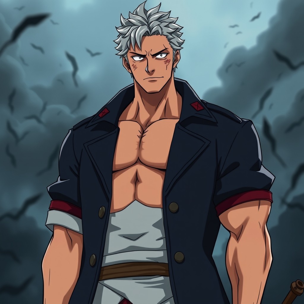 A full body character in the One Piece anime style, featuring a tall, muscular man with a commanding presence, slightly taller than average