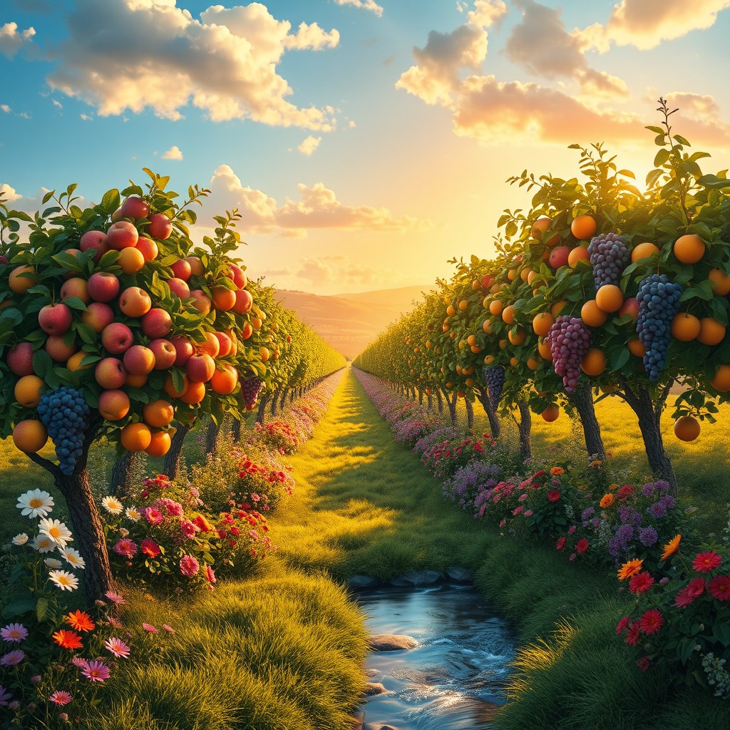 A vibrant and lush landscape brimming with fruitfulness, featuring bountiful orchards filled with colorful fruits like ripe apples, oranges, and grapes