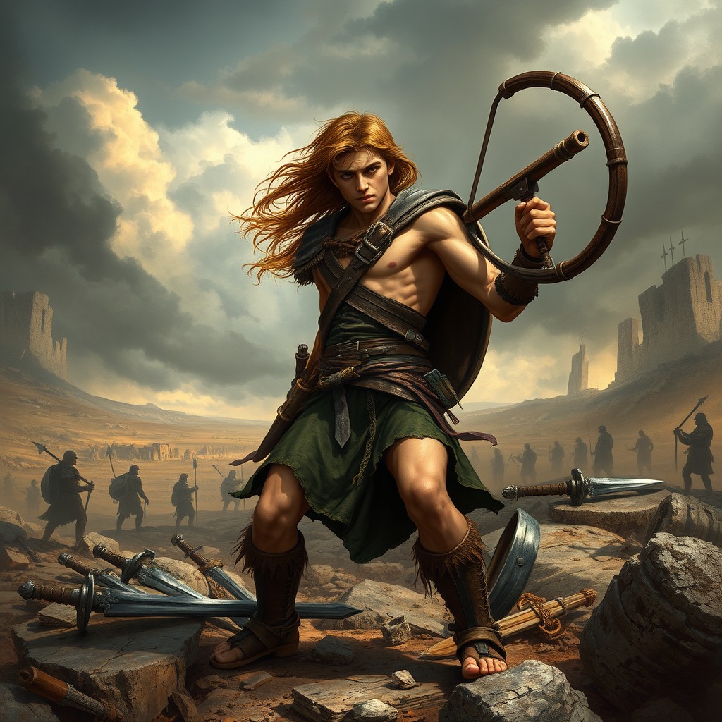 A dramatic scene depicting David in battle, showcasing his bravery and determination