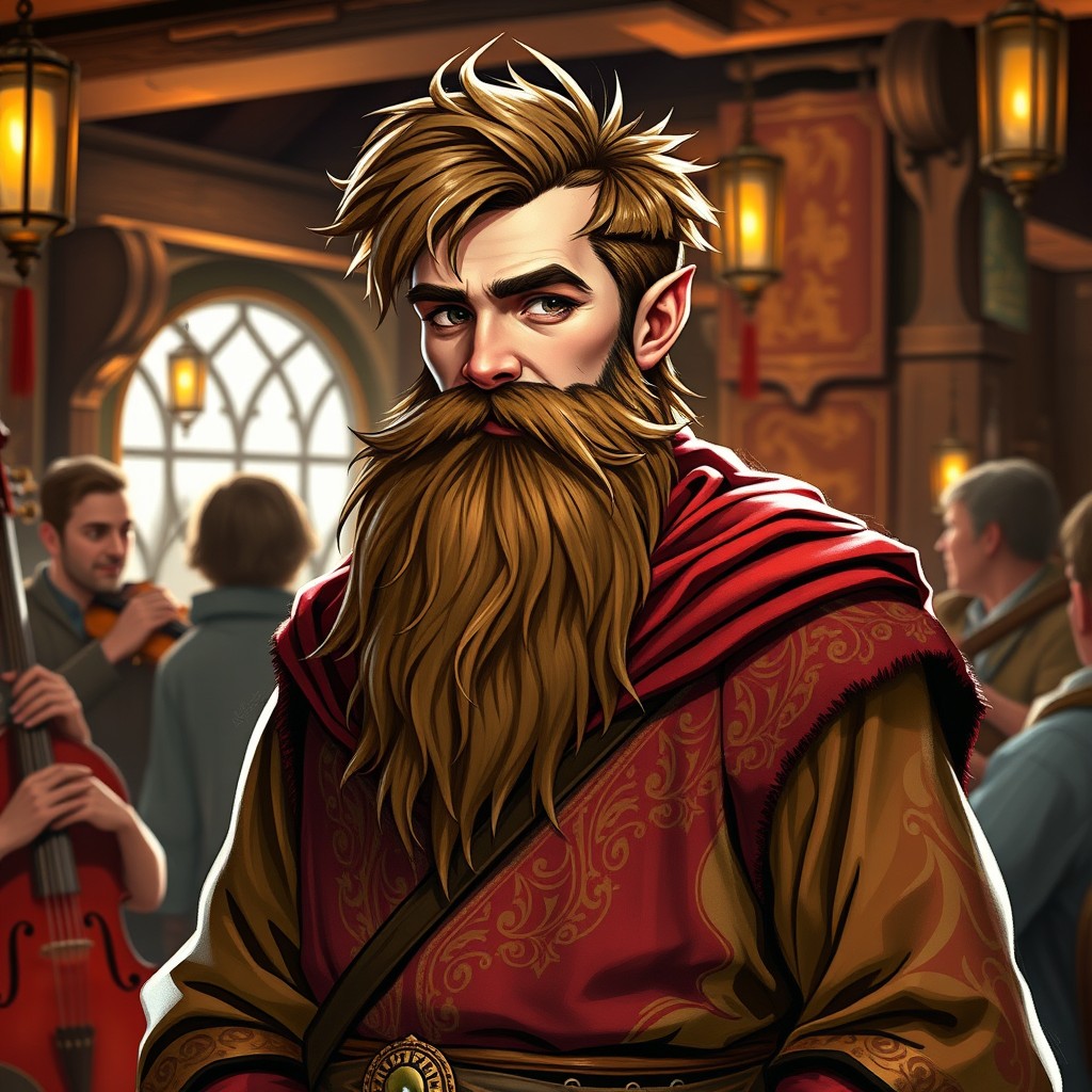 A half-elf bard standing confidently, showcasing a full beard that is well-groomed and styled