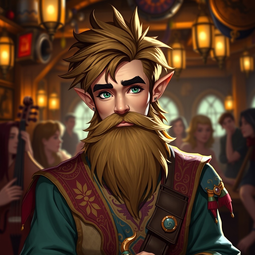 A young half-elf bard exuding charisma, showcasing a full, well-groomed beard
