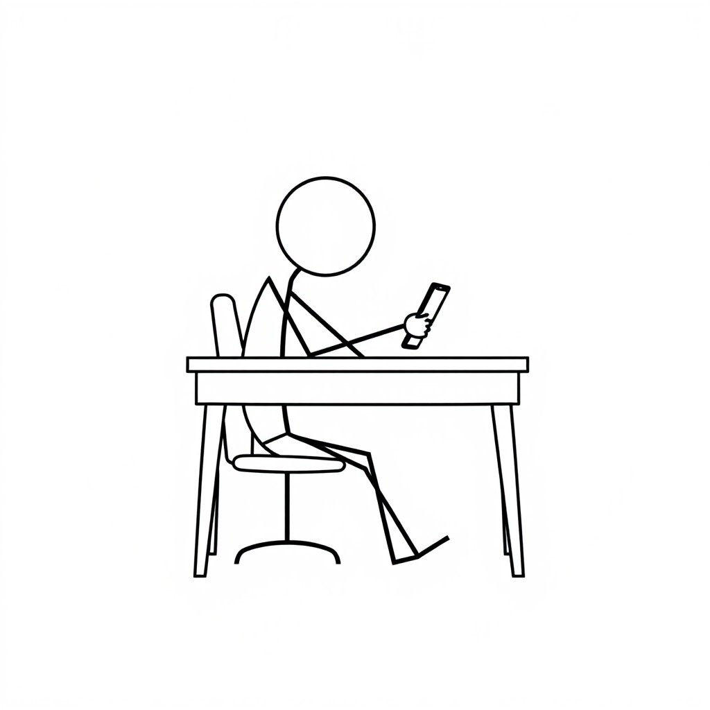 A stick figure slouching at a simple desk, holding a small rectangle that represents a phone in one hand