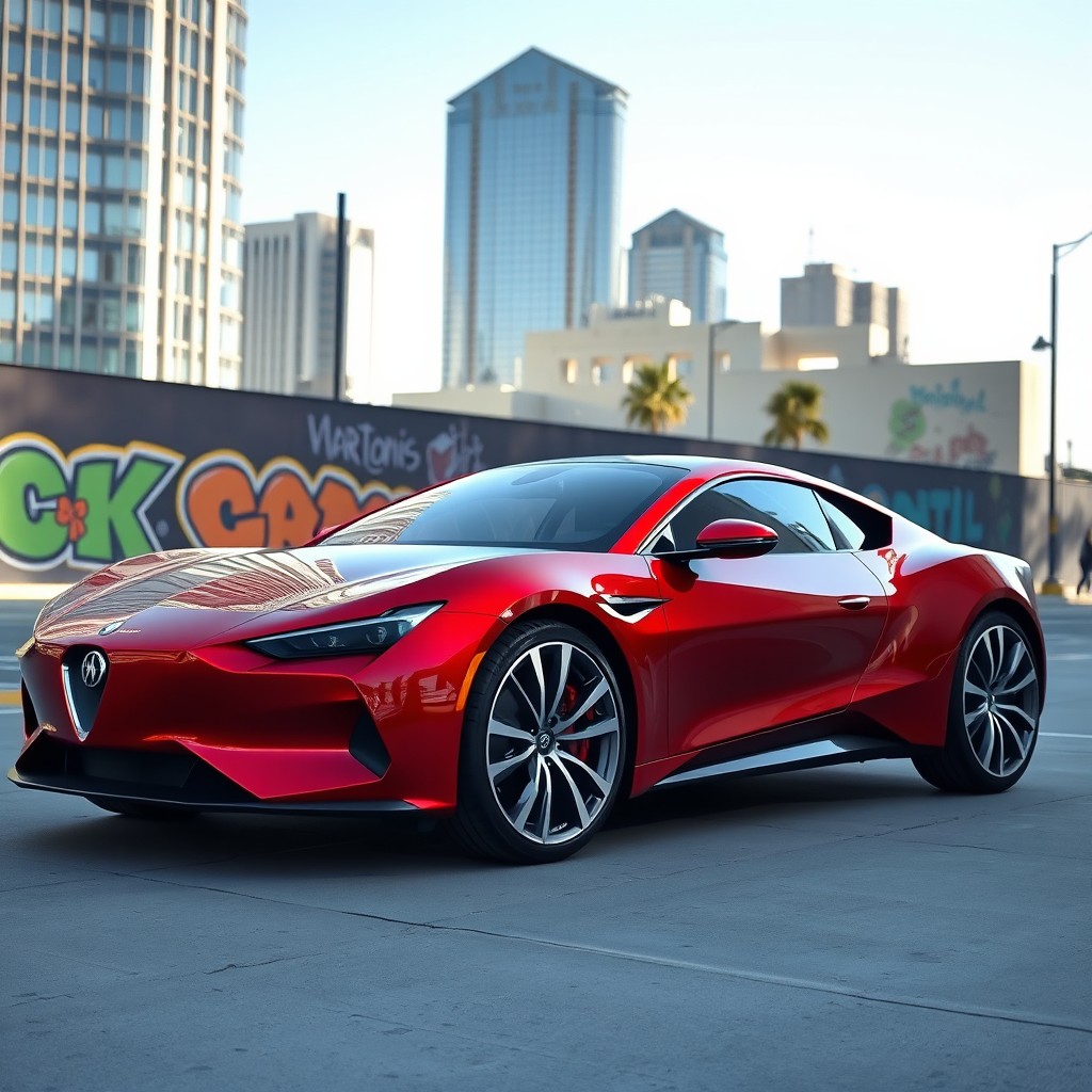 A sleek and shiny modern red car parked in an urban environment, showcasing its aerodynamic design and glimmering exterior in bright daylight