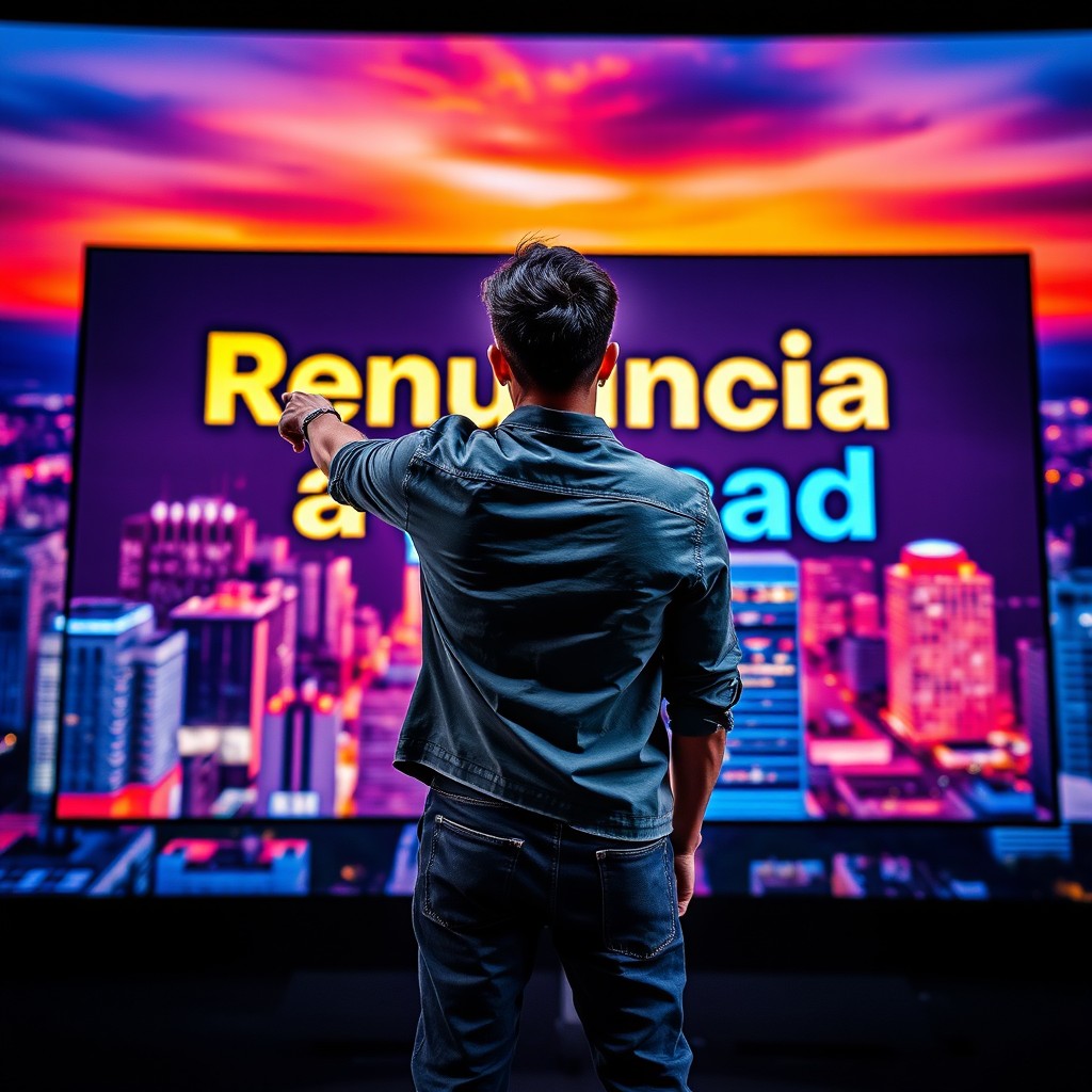 A powerful image of a person standing with their back to the viewer, pointing towards a large screen displaying the phrase 'Renuncia al pecado' in bold, striking typography