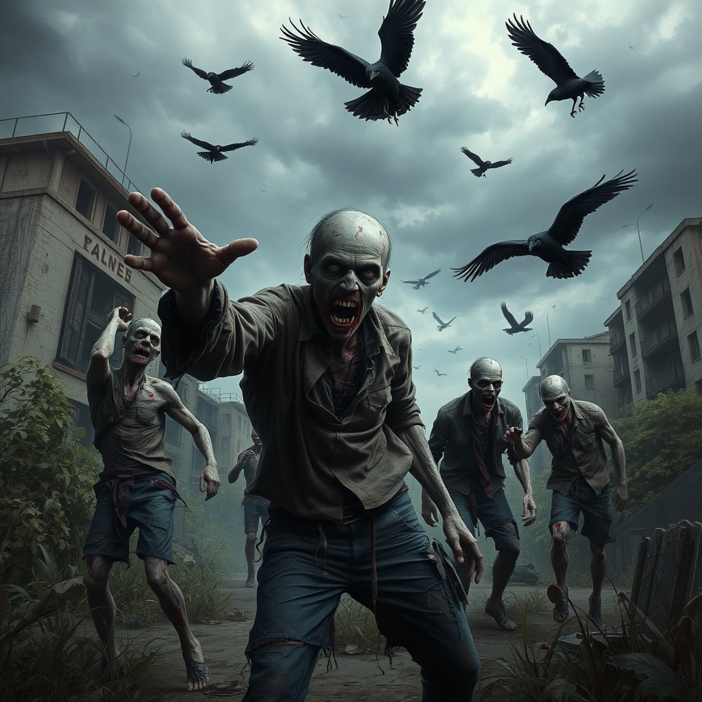 A chilling scene depicting multiple zombies in various states of decay, roaming through a desolate urban environment