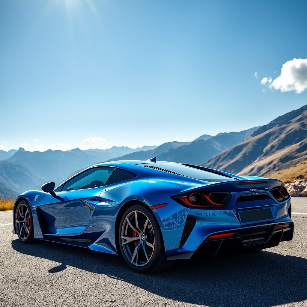 A vibrant blue sports car parked on a scenic mountain road, showcasing its sleek curves and aerodynamic design
