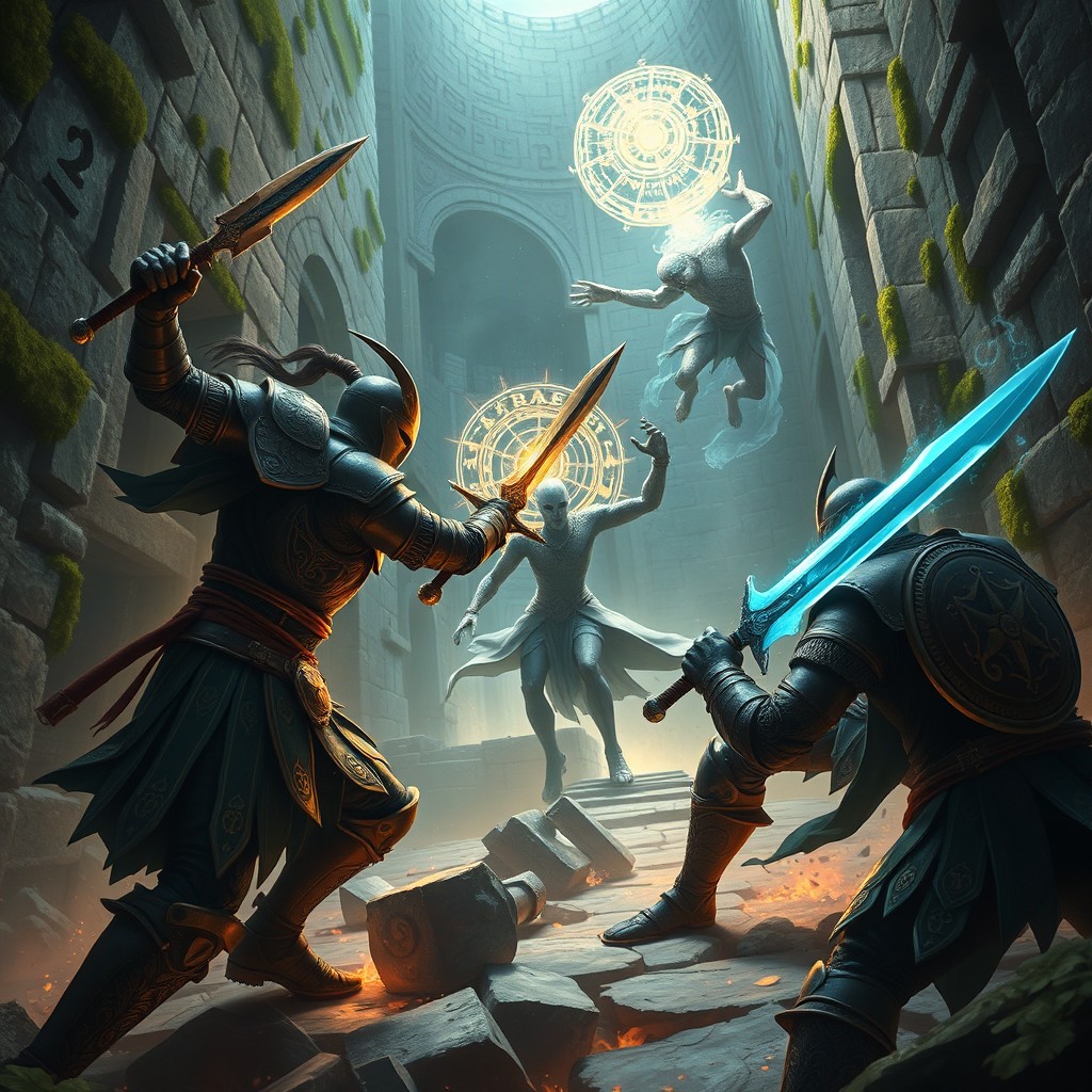 A dynamic and thrilling scene depicting the 'Guerreiros do Labirinto' battling against the 'Guardiões das Esferas'
