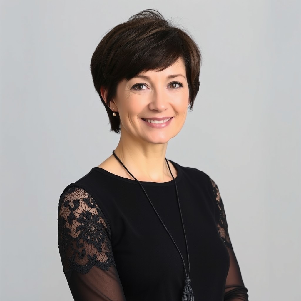 A woman of fair skin tone with short, dark brown hair styled in a somewhat choppy bob, neatly cut and looking naturally dark