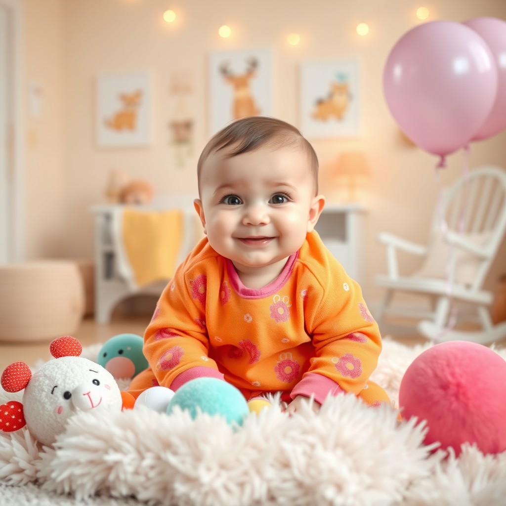 A delightful and charming scene featuring a baby with big, expressive eyes and a joyful smile, dressed in a cute, brightly colored outfit with playful patterns