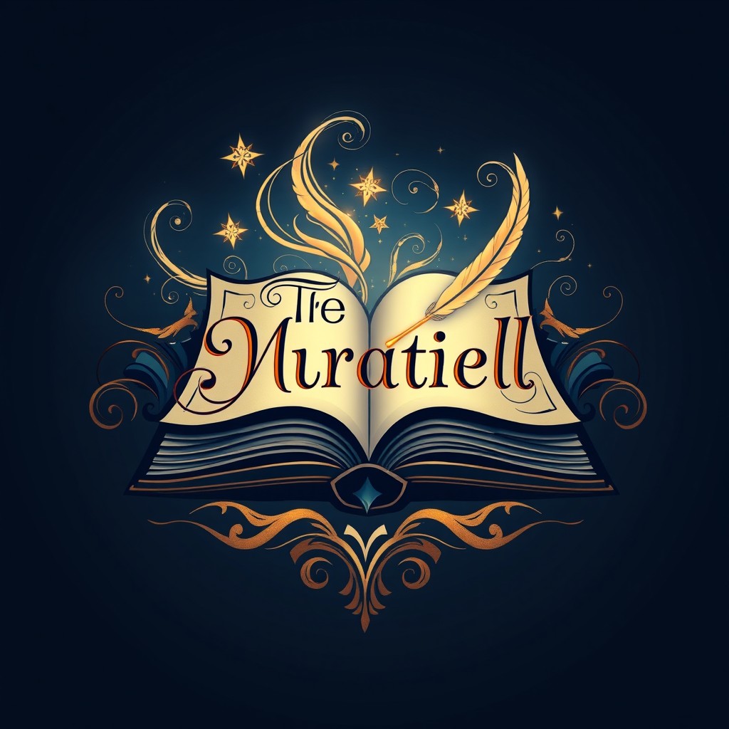 A unique and captivating logo design for a novel project, featuring an open book with magical elements such as swirling stars and a quill pen