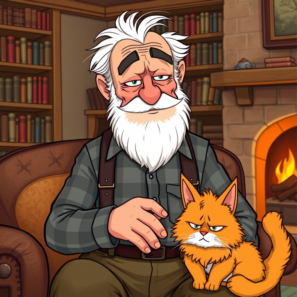 A cartoon scene featuring a grompy old man with a bushy white beard, wearing a plaid shirt and suspenders, who is trying (and failing) to hide a tiny smile while grumpily petting a fluffy orange cat that looks equally unimpressed
