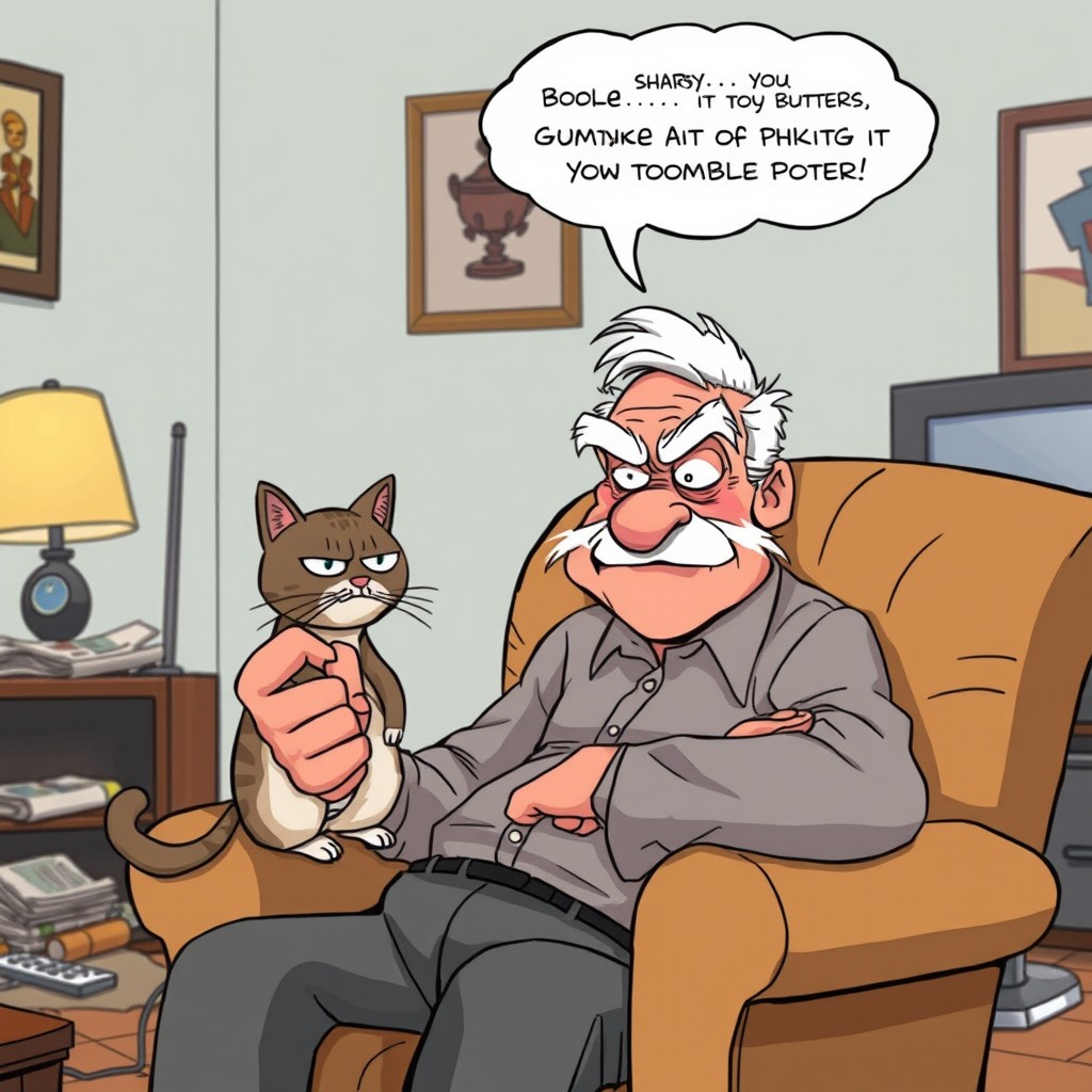 In a cozy living room, an elderly, cartoonishly grumpy man, referred to as the Grumpy Old Man (G