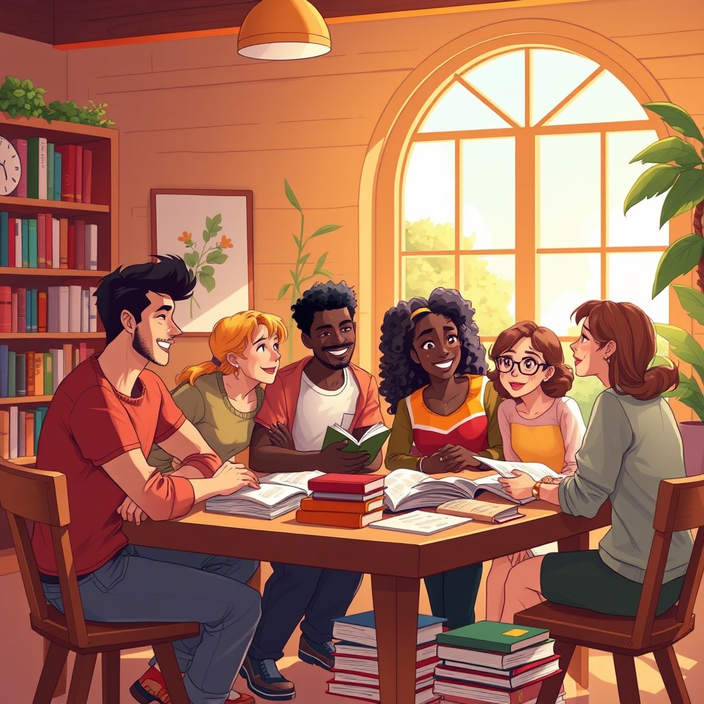 A vibrant illustration depicting a diverse group of male and female characters in a study environment, representing friendship and growth