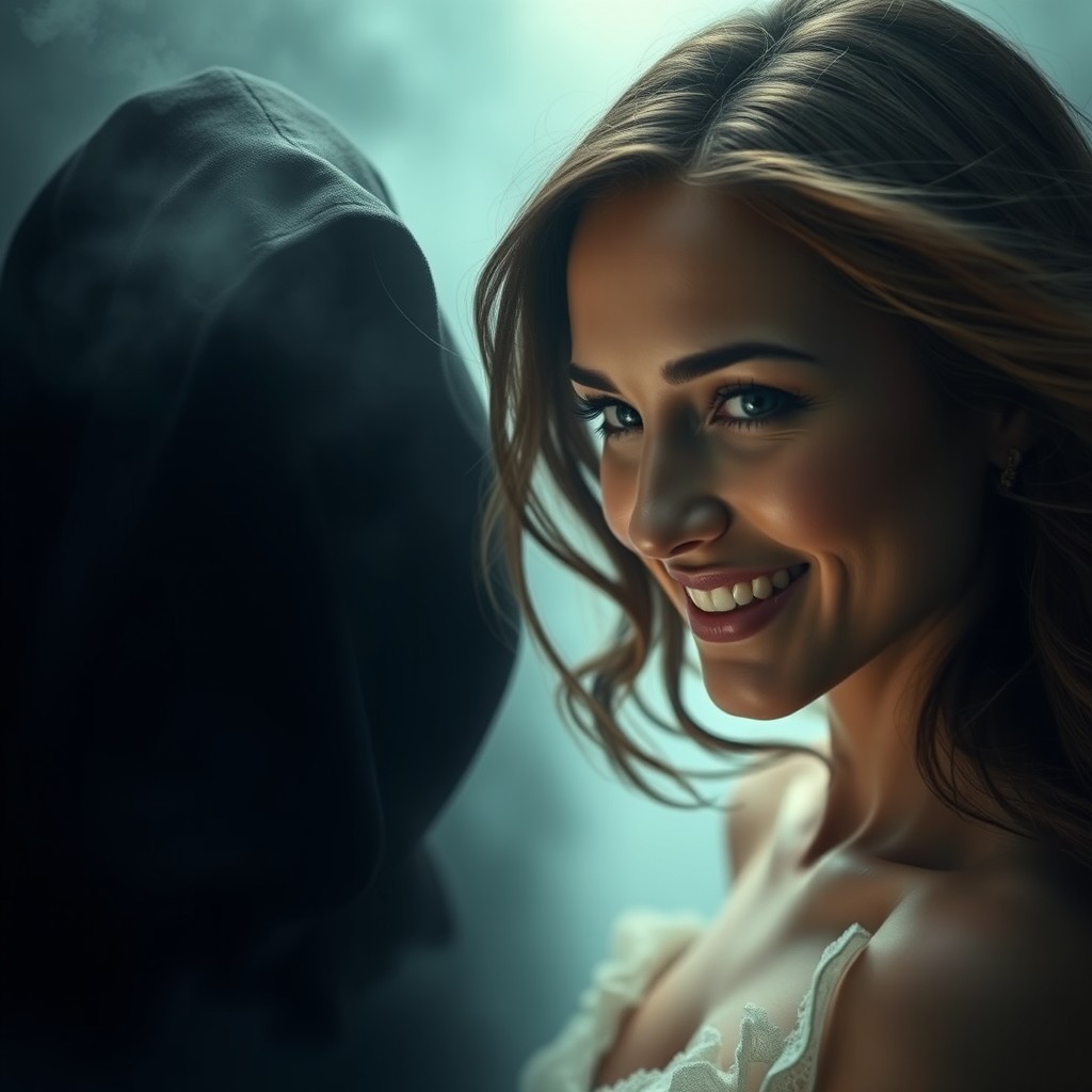 A striking contrast image featuring a beautiful woman on one side, with radiant features, flowing hair and a glowing smile, and on the other side, a man shrouded in complete darkness, his features obscured, creating a dramatic juxtaposition