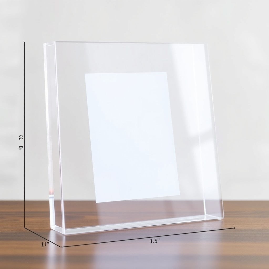 A clear acrylic square frame measuring 11