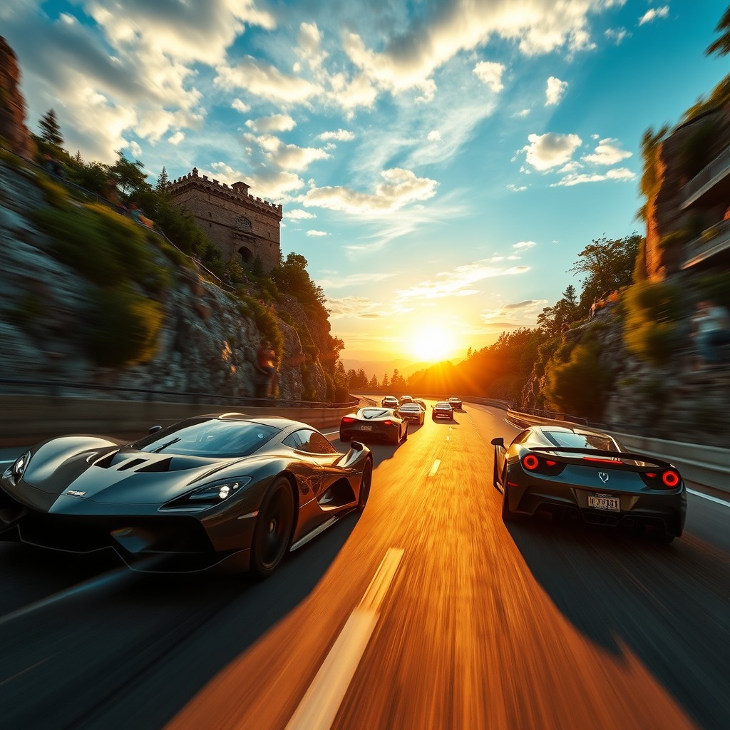A thrilling scene of high-speed cars racing on a winding mountain road