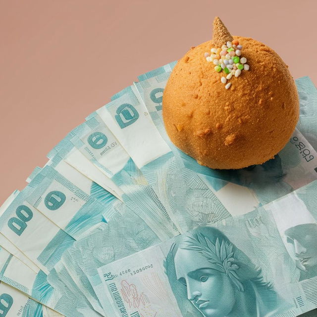 An extravagant Brazilian coxinha placed on a pile of one hundred real bills totaling ten thousand reais.