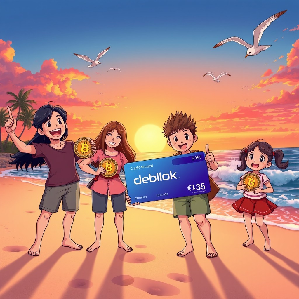 A vibrant sunset beach scene with a happy family of four, each member joyfully holding shiny Bitcoin pieces and a Deblok crypto credit card