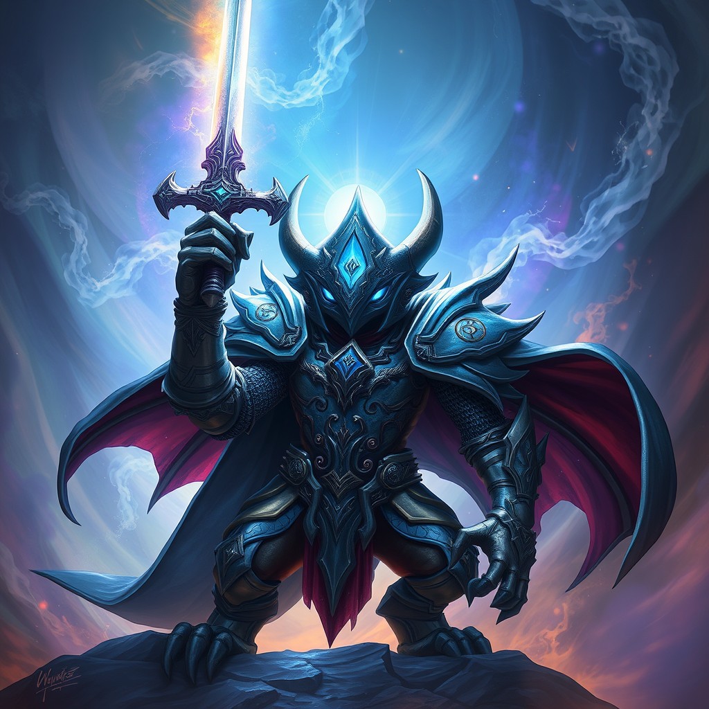 A mysterious and fantastical creature known as Ceroledge, resembling a knight with a unique design, intricately detailed armor adorned with mystical symbols, glowing eyes, and a menacing presence