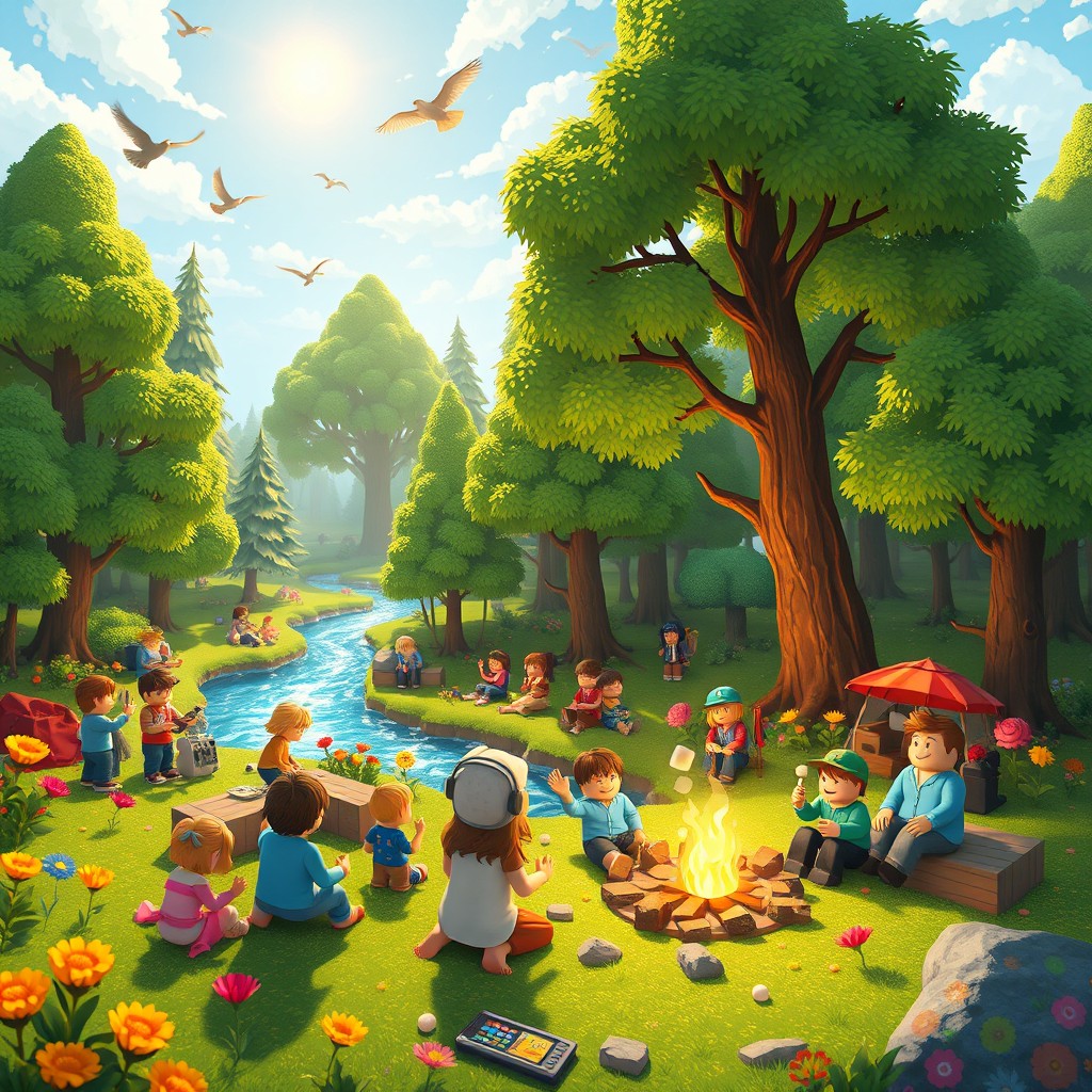 A vibrant and immersive Roblox-inspired forest scene filled with lush green trees, colorful flowers, and various Roblox characters engaging in fun activities
