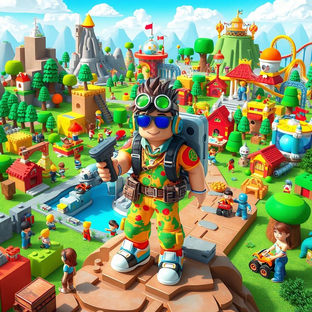 A vibrant and colorful scene inspired by Roblox, featuring an adventurous character exploring a whimsical world full of blocky landscapes and custom-built structures