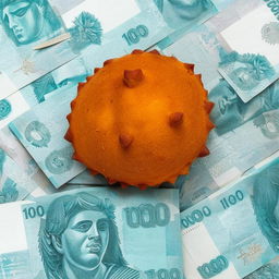 An extravagant Brazilian coxinha placed on a pile of one hundred real bills totaling ten thousand reais.