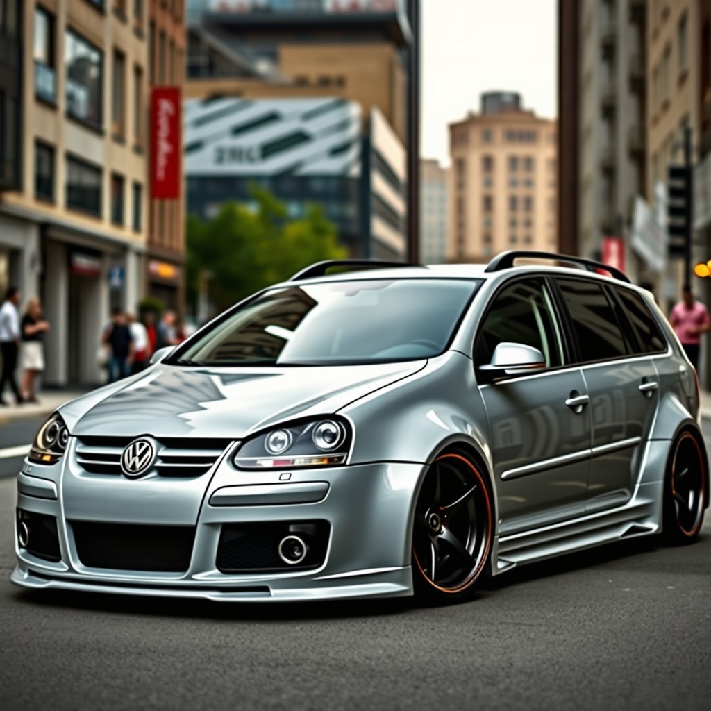 A custom 2007 Volkswagen SpaceFox wagon, showcasing a bold widebody design inspired by the Audi RS6