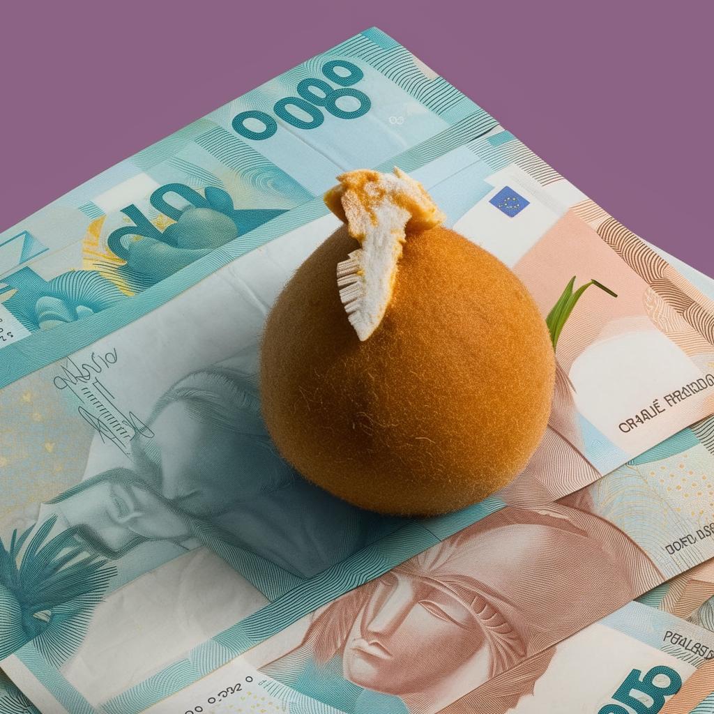 An extravagant Brazilian coxinha placed on a pile of one hundred real bills totaling ten thousand reais.