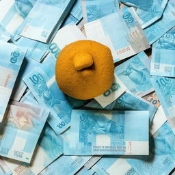 An extravagant Brazilian coxinha placed on a pile of one hundred real bills totaling ten thousand reais.