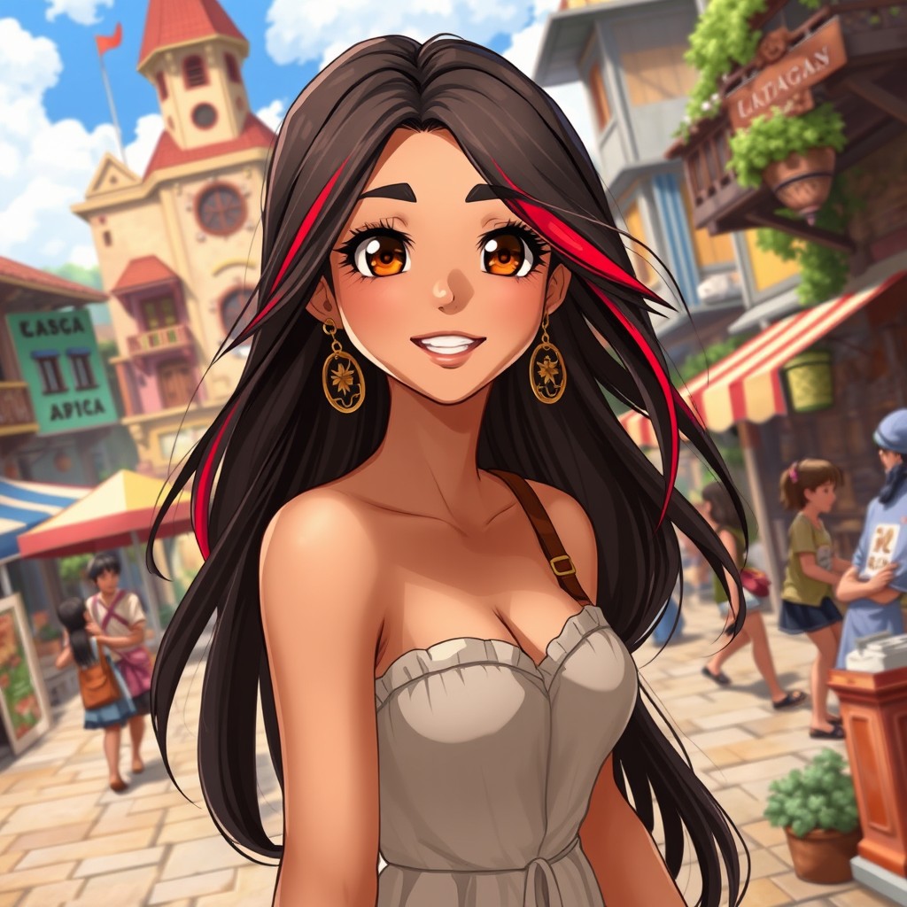 A charismatic Latina woman with mesmerizing brown eyes, long flowing dark hair featuring red highlights, and a slight tan complexion
