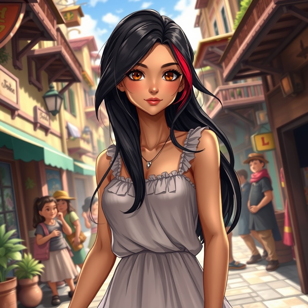 A charismatic Latina woman with mesmerizing brown eyes, long flowing dark hair with striking red highlights, and a slight tan complexion