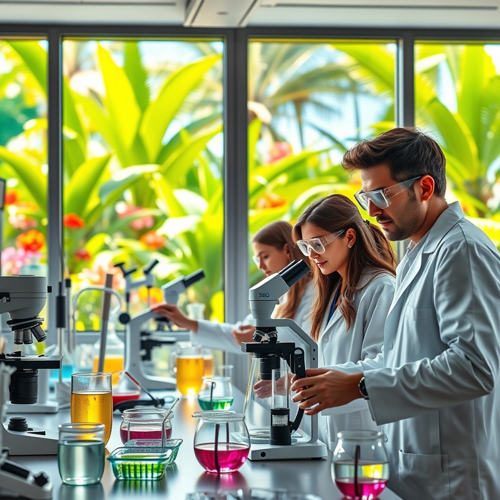 A dynamic laboratory scene featuring molecular biology and epigenetics scientists engaged in experiments