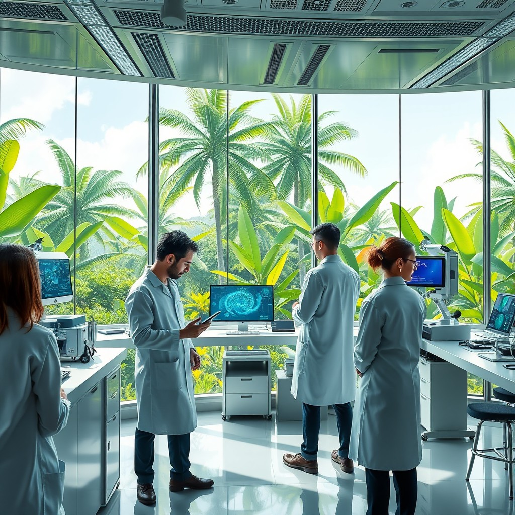 A futuristic epigenetics laboratory filled with advanced technology and equipment