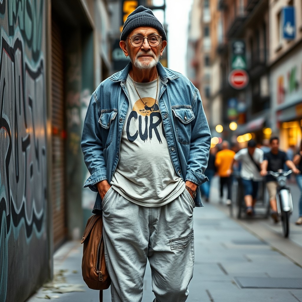 An old man exuding a relaxed and trendy vibe, dressed in comfortable street style clothing