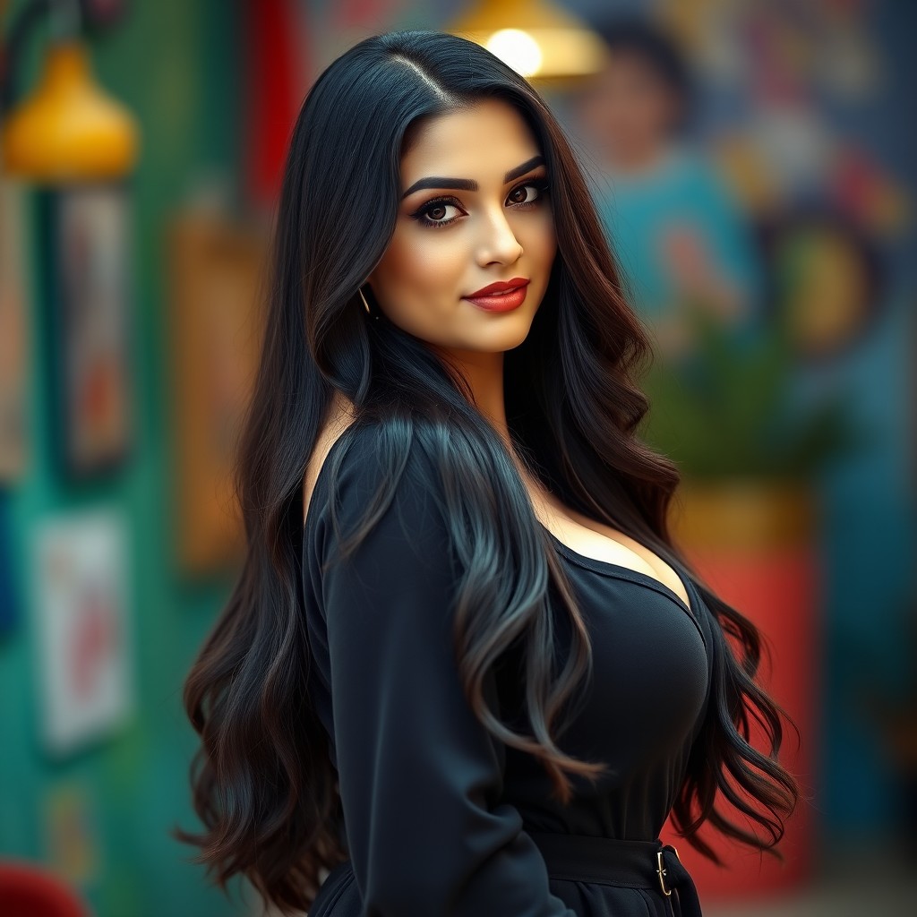 An attractive Arab woman with long black hair, featuring a pretty face with striking features