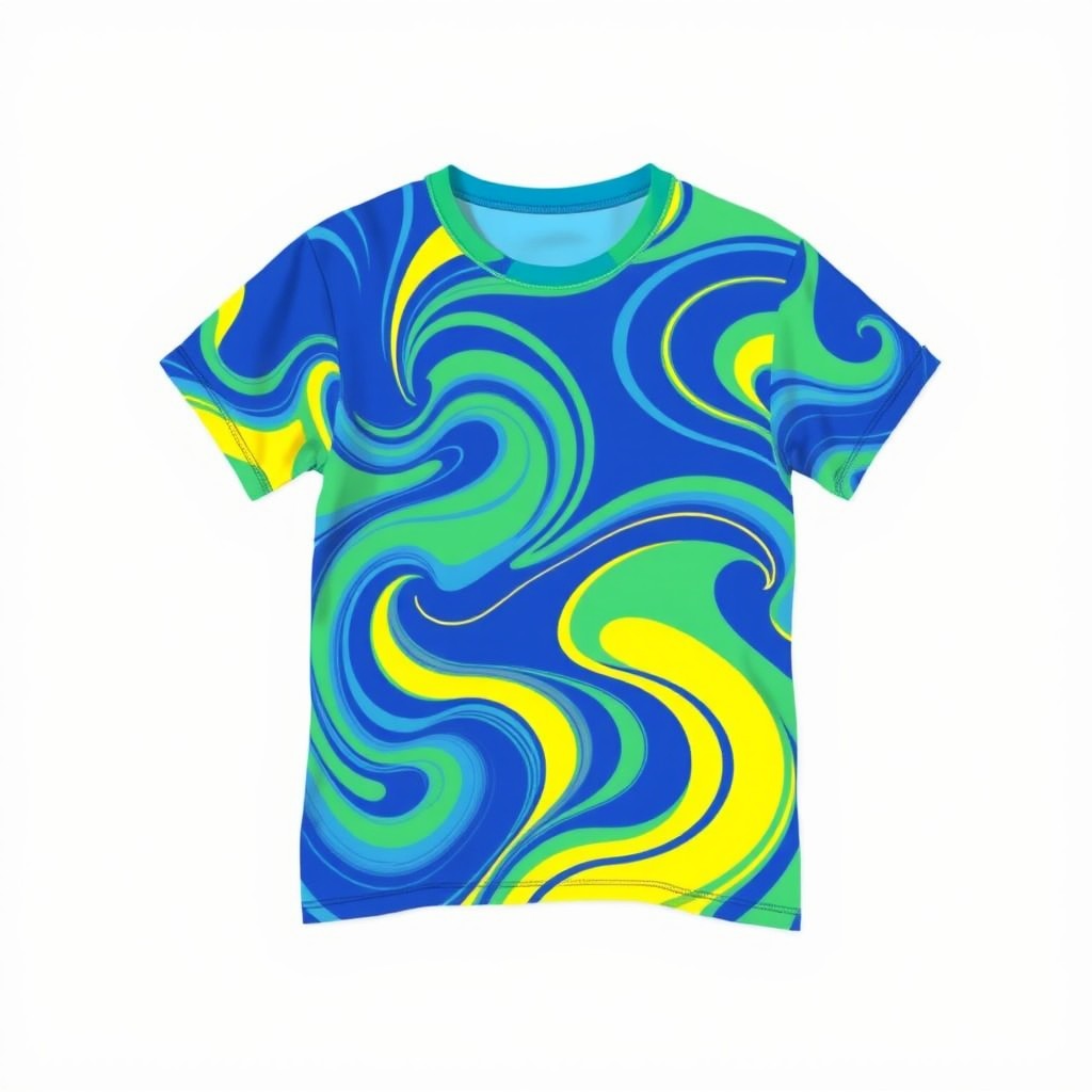 A stylish, casual t-shirt design featuring a vibrant, abstract pattern with swirls of blue, green, and yellow