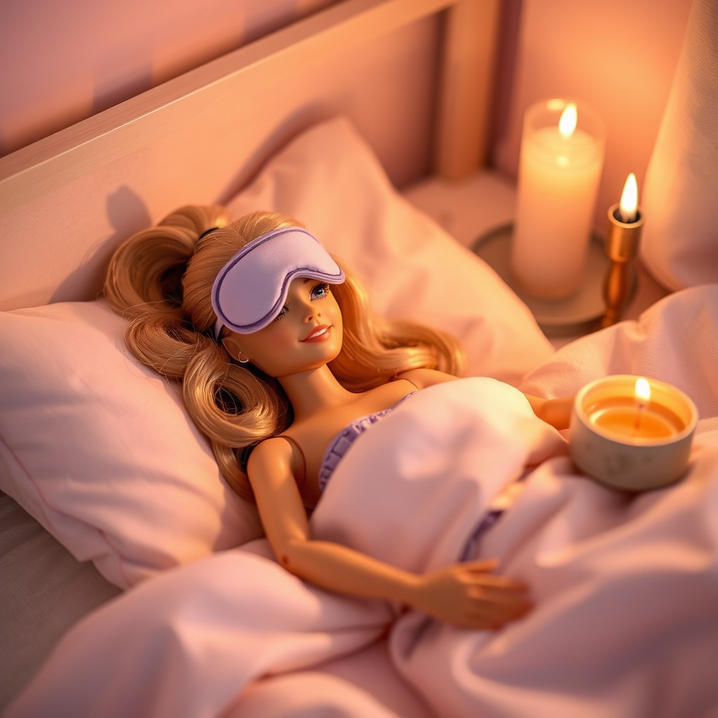 A serene scene featuring a Barbie doll lying comfortably in a cozy bed, wearing a sleep mask