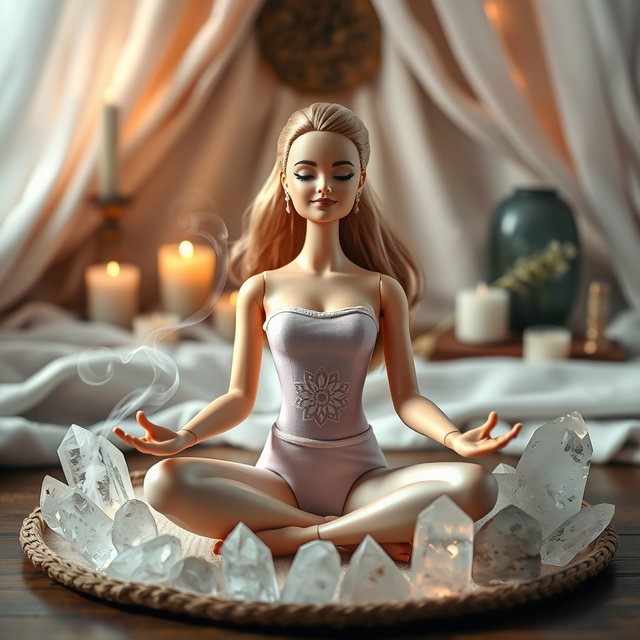 A serene scene depicting a Barbie doll in a meditative pose with her eyes closed, surrounded by sparkling quartz crystals and gentle incense smoke