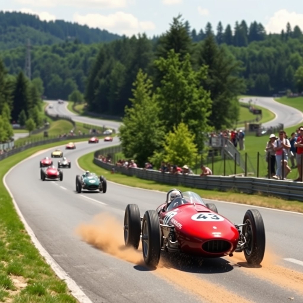 A thrilling race scene set at the historic Spa-Francorchamps racetrack in 1938, showcasing a lineup of classic Grand Prix cars, with a focus on the Maserati A6GCM from 1955