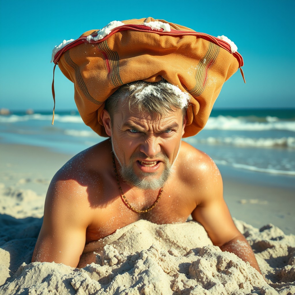 A scene depicting a man sitting in the sea sand, looking extremely angry