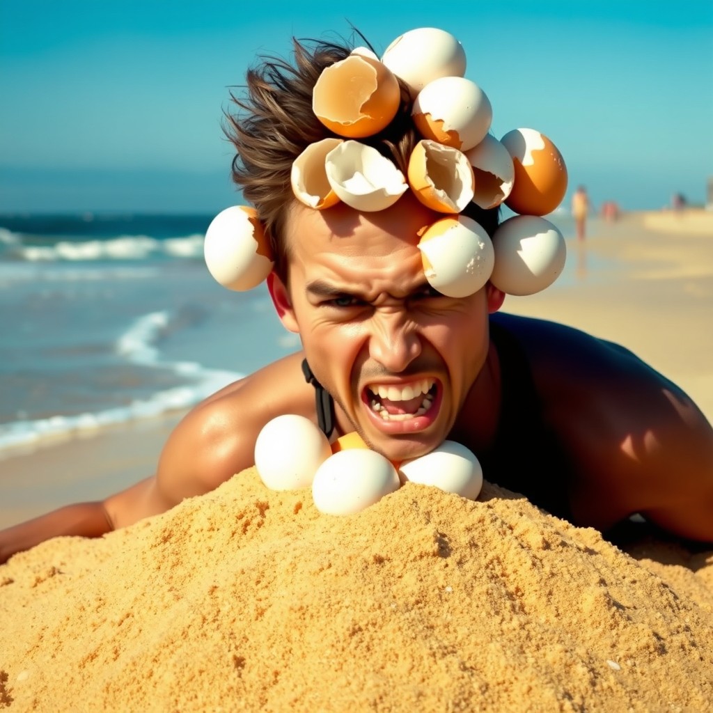 A comical scene featuring a young man buried up to his waist in soft, golden sand at the beach