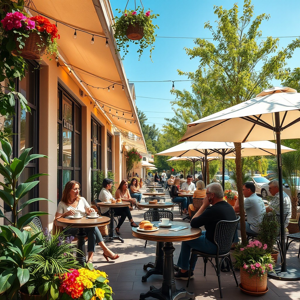 An inviting and cozy Sunday scene featuring a stylish cafe with outdoor seating